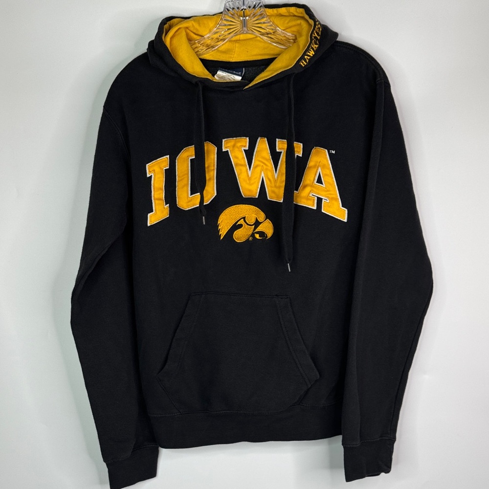 Vintage Old Varsity Brand Iowa Hawkeyes Black Hooded Sweatshirt Size Small